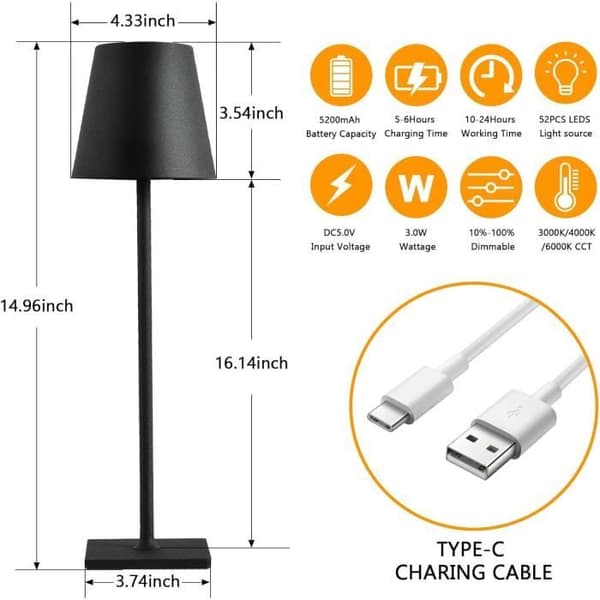 Trådlampa LED med uppladdningsbart batteri, 5200mAh modern ljus, 3 dimningsnivåer med touchkontroll, 2-pack