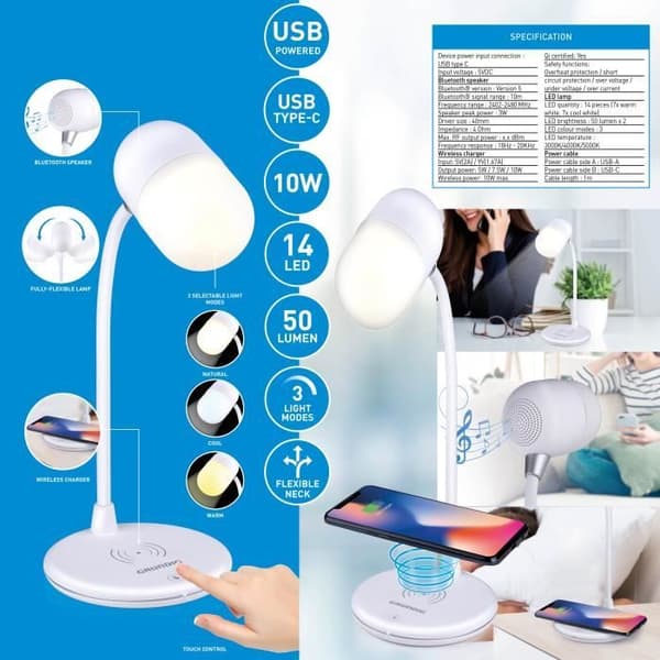 LED-lampa - GRUNDIG - 3-i-1 - Trådlös Laddare - Bluetooth-högtalare - Vit