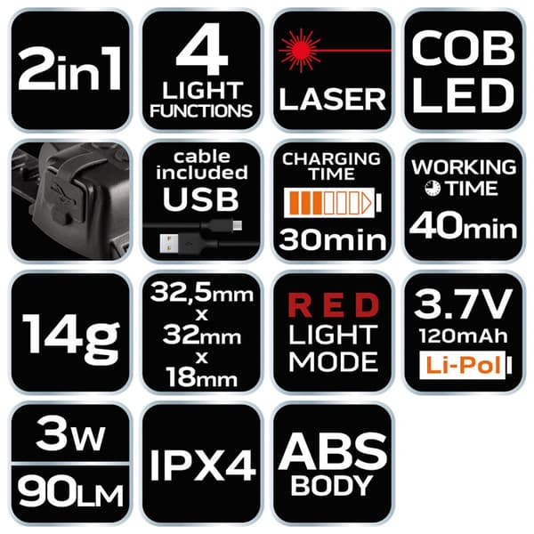 90lm COB LED-kohdevalo + laser 2 in 1