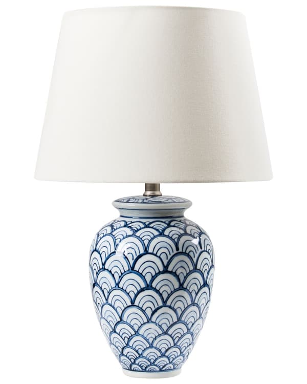 Bordlampe med Blå og Hvit Porselensfot Linskjerm Dekorert med et Mønster Belysning Stue Soverom