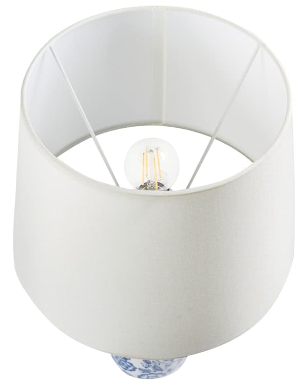 Bordlampe Blå og Hvit Porselensfot Linskjerm Dekorert med Blomstermønster Stue Soverom Belysning