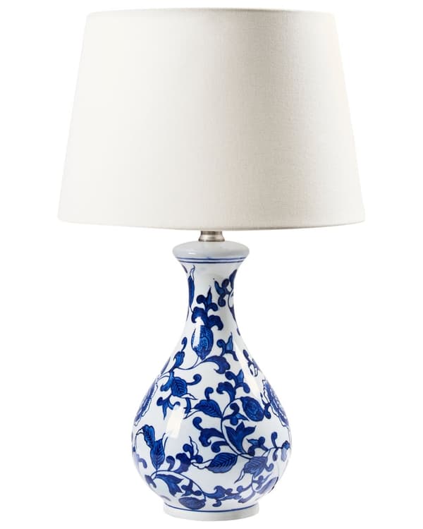 Bordlampe Hvit og Blå Porselensfot Lin Trommeskjerm med en Blomstret Mønster Belysning Stilig
