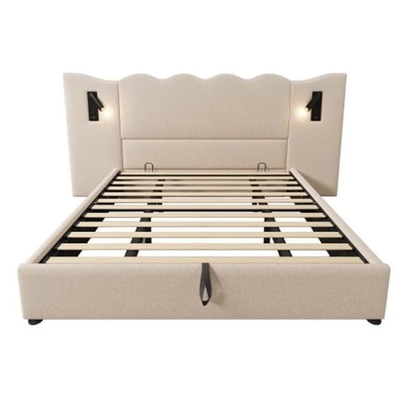 Dubbelsäng 180 x 200 med läsestöd och USB Type-C-laddare, sängram i massivt trä, beige, linne (utan madrass).