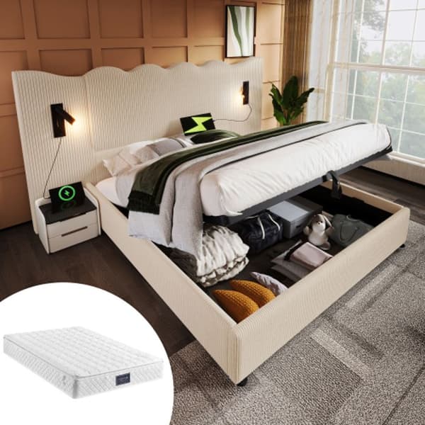 160 x 200 Lit dubbelmadrass med läslampa och USB, sängram i massivt trä, beige, sammetstyg (med madrass)