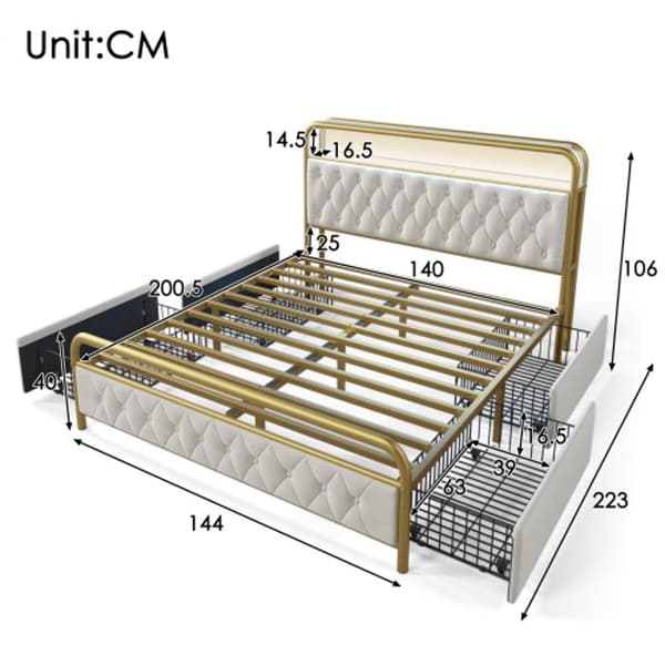 Stoppad säng Dubbelsäng med metallsängstomme USB Typ C 140 x 200 Sängstomme och 4 lådor, sammet (utan madrass)