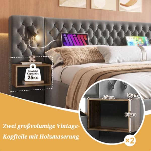 Komplett bäddset, 160 x 200 cm, med 2 sängbord, med USB-grå, sammet (utan madrass)