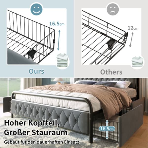 Lätt stoppad med USB APP-kontroll LED metall sängram 180 x 200 sängram och 4 lådor, sammet (utan madrass)