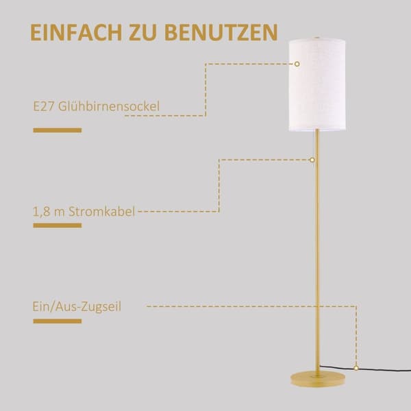 Rootz Floor Lamp - Stue Lamp - Elegant stålbelysning - Hyggelig atmosfære - 25,5 cm x 25,5 cm x 157 cm - Guld + hvid