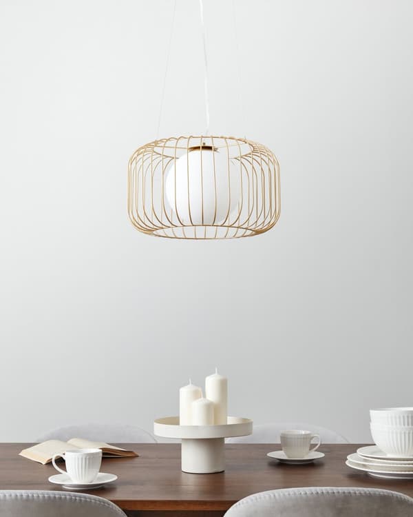 Pendel Lampe Guld Metal ø 36 cm Dekorativ Rund Hængelampe Ribbet Lampeskærm Loftpendel over Spisebord Hængelys Spisebordslampe Design