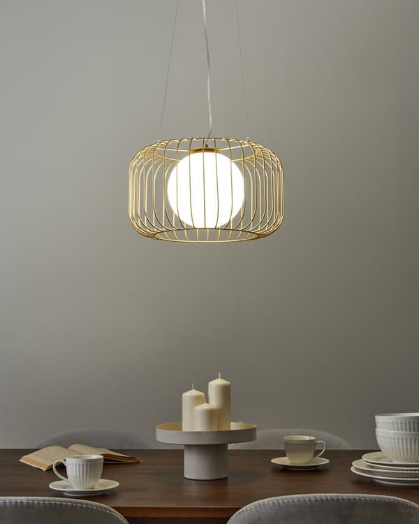 Pendel Lampe Guld Metal ø 36 cm Dekorativ Rund Hængelampe Ribbet Lampeskærm Loftpendel over Spisebord Hængelys Spisebordslampe Design