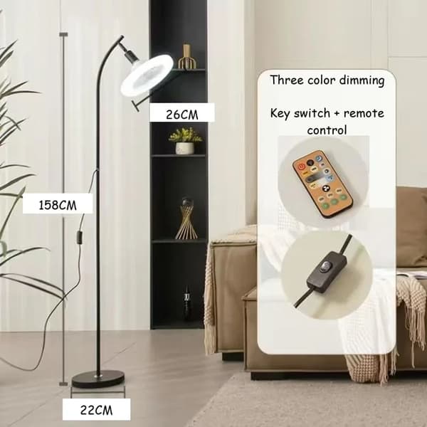 LED Gulvlampe, Tre Farver Dæmpning, Fjernbetjening,Knapjustering, sort, Tre farvet dæmpning