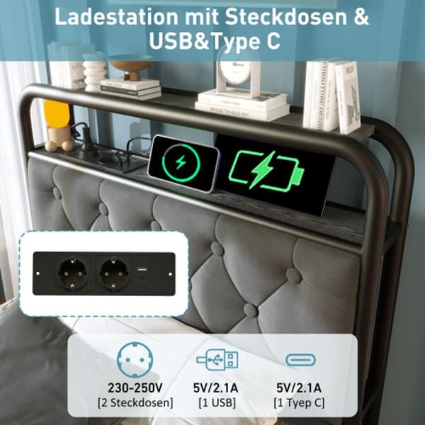 Upplyst sängram med USB LED metallram 90 x 200CM Sängram och 2 lådor, sammet (utan madrass)