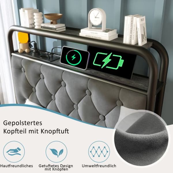 Upplyst sängram med USB LED metallram 90 x 200CM Sängram och 2 lådor, sammet (utan madrass)