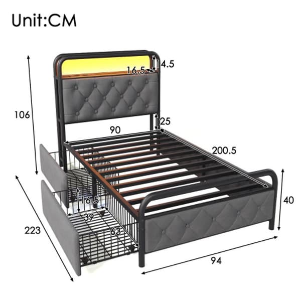 Upplyst sängram med USB LED metallram 90 x 200CM Sängram och 2 lådor, sammet (utan madrass)