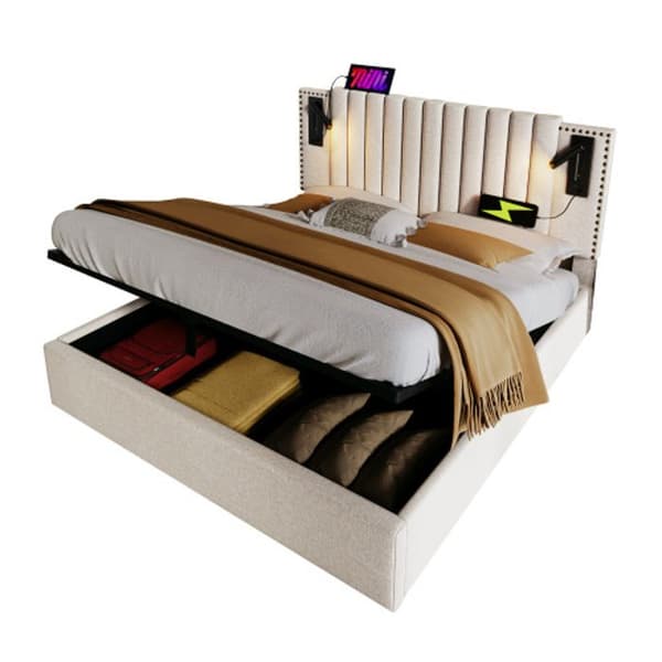 Madrassäng 140x200, läslampa med USB-laddningsfunktion, huvudgavel, bomull, beige (utan madrass)
