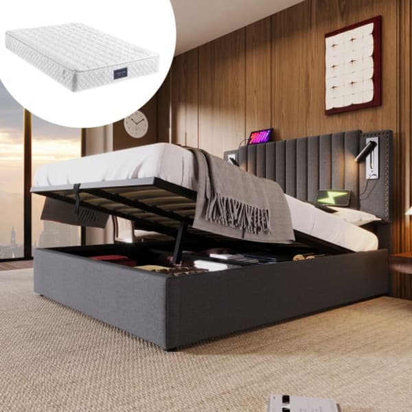 Klädd säng 140x200, med USB och läslampa, sänggavel, ryggstöd med nitdesign, bomull, grå (med madrass)