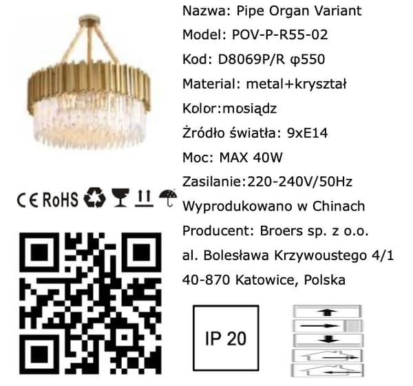 Pibe Orgel Messing Variant - krystal lysekrone 55cm