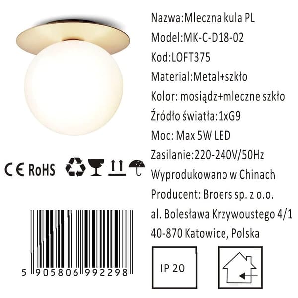 Milky ball - taklampa i gyllene mässing 18cm
