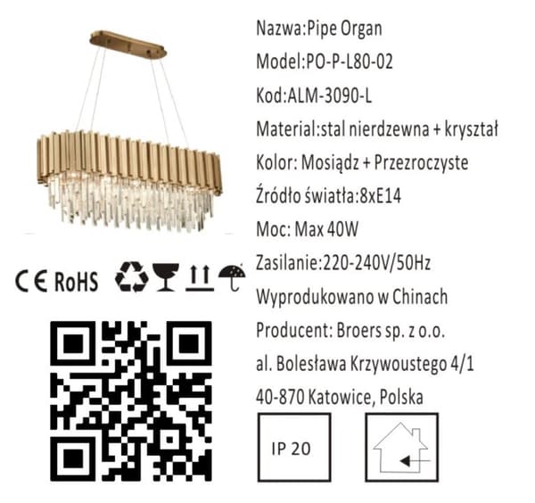 Pipe Orgel Kristall MÄSSING - Lång Ljuskrona - långsträckt kristallkrona 80cm