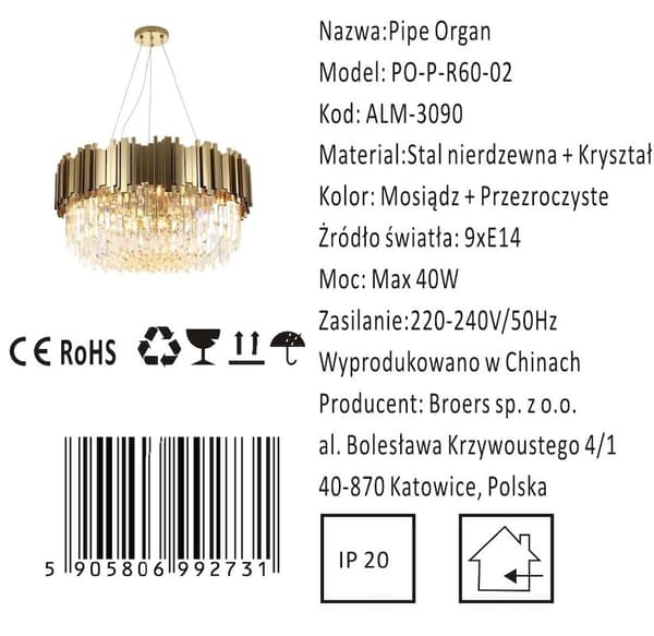 Pipe Organ Kristallkrona MÄSSING - kristallkrona 60cm