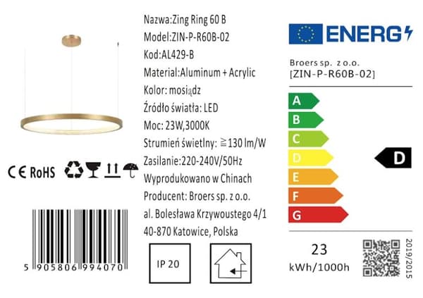 Zing Ring 60 B - LED lysekrone 60cm ring guld messing