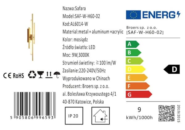 Safara - tyylikäs moderni LED-seinävalaisin Kulta 60 cm