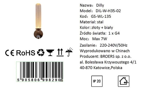 Dilly - Seinävalaisin 350x100 mm, 1xG4, ranskalainen kulta, laitteisto + akryyli