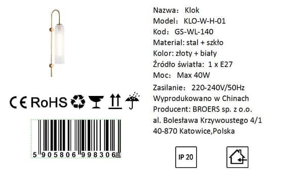 Klok - Seinävalaisin 750x100 mm, 1xE27, valkoinen, rauta + lasi