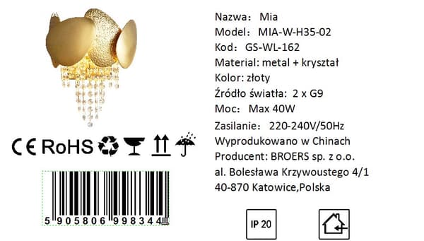 Mia Guld Vägglampa 220x350mm Stålkristall 2xG9 för Vardagsrum
