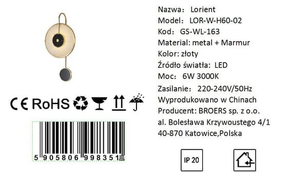 Lorient LED Vägglampa 6W 3000K guldmarmor Modern för vardagsrum