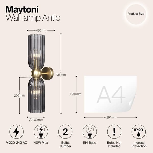 Antic - Vägglampa (sconce) 180x435 mm, 2xE14 40W guld