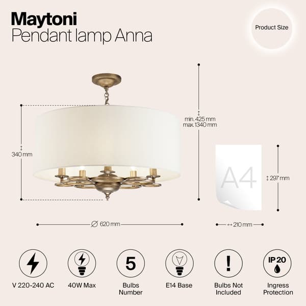 Anna Pendel E14x5 40W Guld Metal 62 cm IP20 Moderne