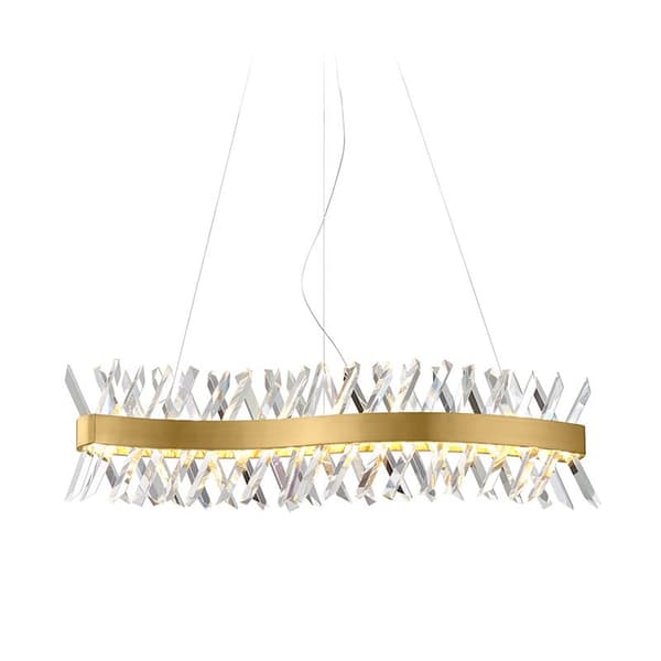 Amsterdam Long - Lysekrone 85 cm, 3 LED-farve, Børstet Messing, K9 Crystal, over bordet