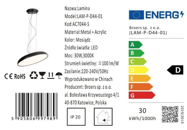 Lamina - LED hänglampa 44cm 30W LED Svart
