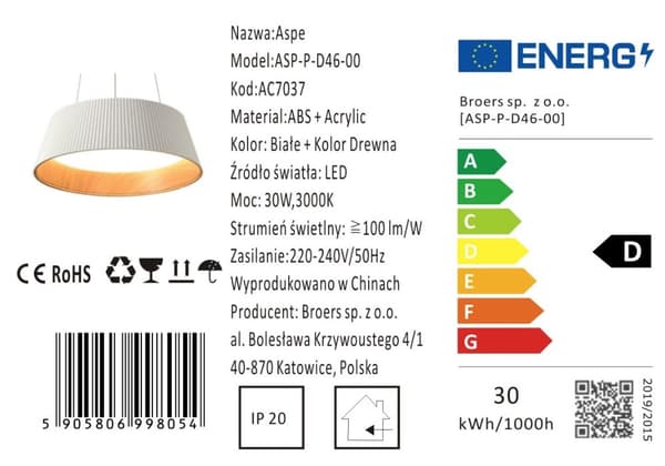 Aspe - Hængelampe 46cm, 1xLED, 30W, Hvid + Træ