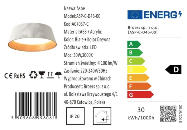 Aspe - Taklampa Plafond 45cm 30W, Vit + Trä
