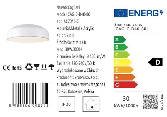 Cagliari - Loftslampe Plafond 40cm 30W, LED Hvid