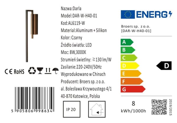 DARLA - Modern LED Vägglampa 40 cm Svart