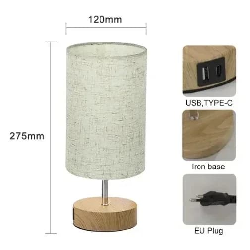 Bordslampa, Justerbar Ljusstyrka, USB- och Typ-C Laddningsportar,WOOD R in Swedish is "TRÄ R".