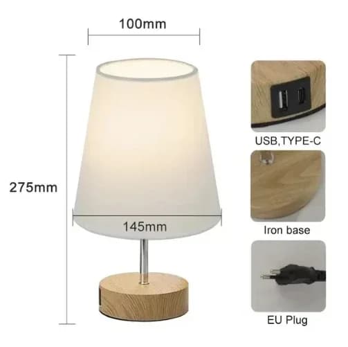 Bordslampa, Justerbar Ljusstyrka, USB- och Typ-C Laddningsportar,WOOD LB