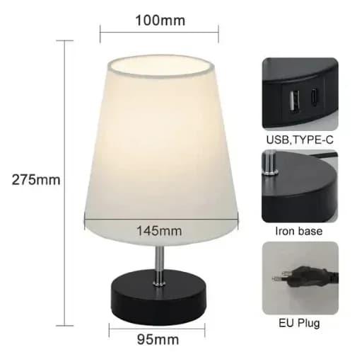 Bordslampa, Justerbar Ljusstyrka, USB- och Typ-C Laddningsportar,SVART LB