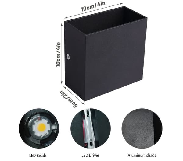 Modern fyrkantig vägglampa i aluminium med kabelansluten upp- och nedåtriktad belysning, lämplig för rum och trappor.