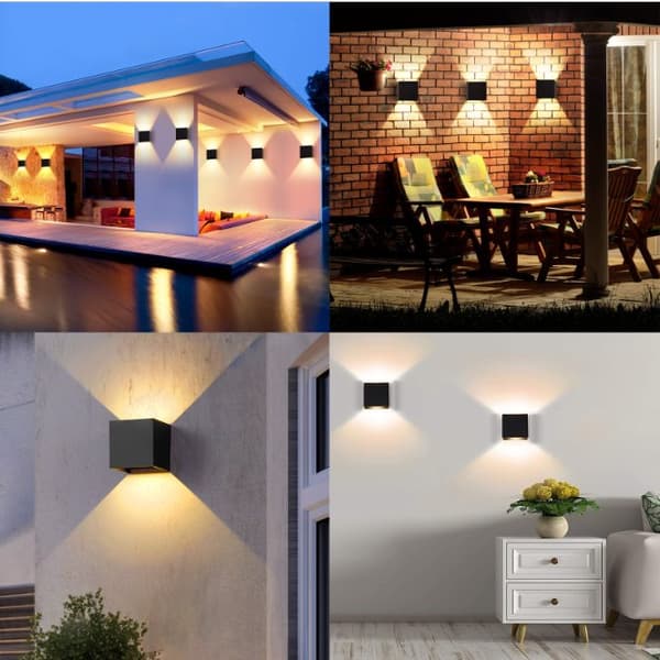 Modern fyrkantig vägglampa i aluminium med kabelansluten upp- och nedåtriktad belysning, lämplig för rum och trappor.
