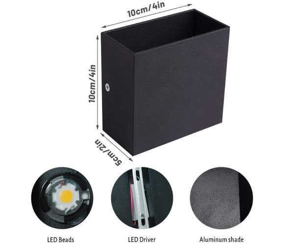 Modern fyrkantig vägglampa i aluminium med kabelansluten upp- och nedåtriktad belysning, lämplig för rum och trappor.