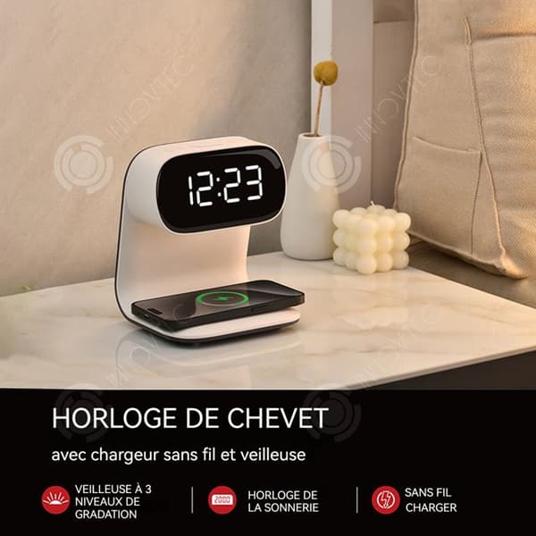 INN Nattlampa med induktionsladdning kompatibel 15w och väckarklocka funktion multifunktionell sänglampa touch switch