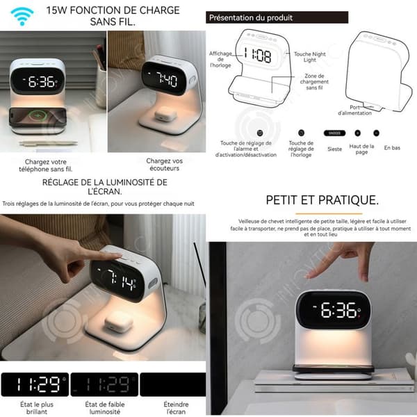 INN Nattlampa med induktionsladdning kompatibel 15w och väckarklocka funktion multifunktionell sänglampa touch switch