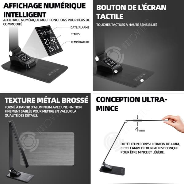 INN Bordslampa 3 Färgtemperaturer LED Touch Skrivbordslampa 5 Speeds Dimning Smart Digital Display Svart