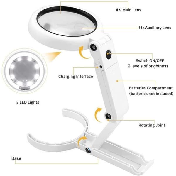 8 LED-hand- eller bordslampa med 5X/11X lins