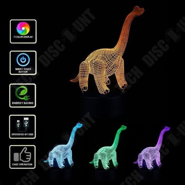 TD® Optisk bordslampa dekorativ taktil 7 färger optisk illusion - diplodocus modell - låg förbrukning USB-kabel 3 AA-batterier