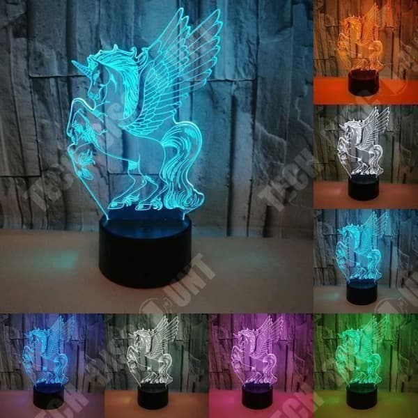 TD® Optisk bordslampa dekorativ taktil färg optisk illusion - modell med bevingade enhörningar - USB-kabel med låg förbrukning 3 AA-batterier